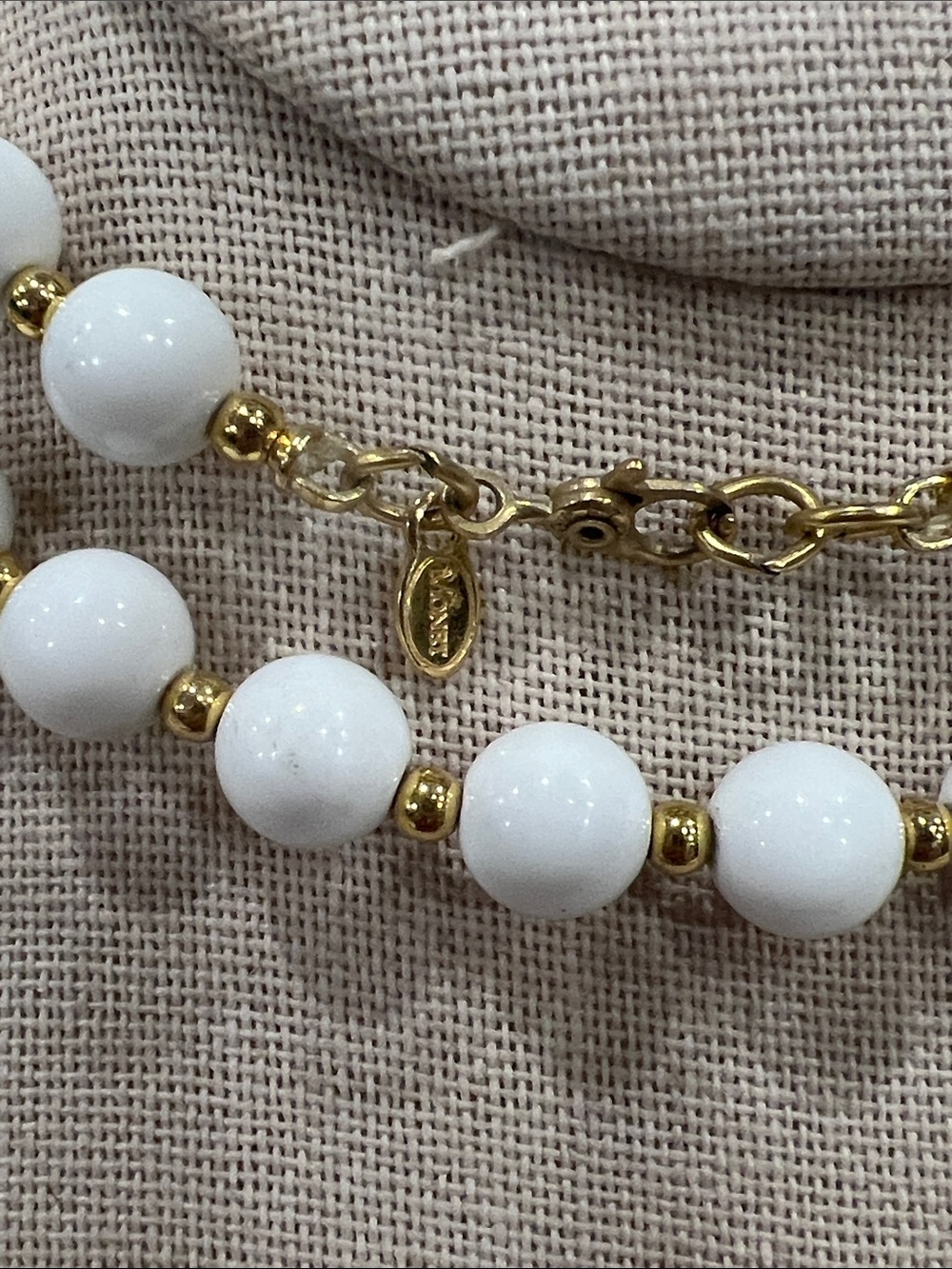 Vintage Monet White Bead Necklace with Gold Accents - Picture 3 of 9